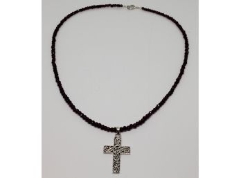 Rhodolite Garnet Beads Necklace & Cross Pendant In Sterling