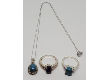 Pair Of Sterling Turquoise Rings & Blue Pendant Necklace In Sterling