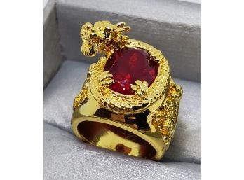 Cool Gold Tone Dragon Ring With Huge Red Faux Stone