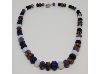 Multi Gemstone Carved Beaded Necklace In Sterling