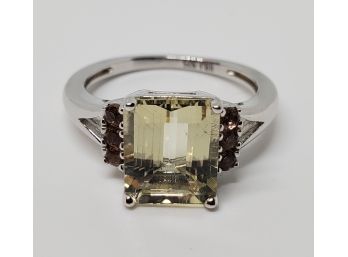 Amazing Emerald Cut Yellow Labradorite & Andalusite Rhodium Over Sterling Ring