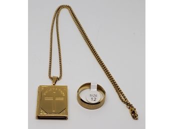 Lord's Prayer Bible Pendant Necklace & Ring Set In Gold Tone