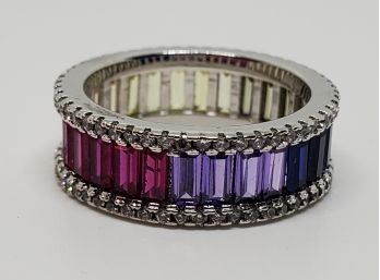 Simulated Sapphire Multi Color Band Ring In Silvertone