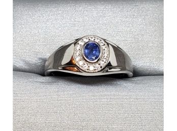 Burmese Blue Sapphire, Zircon Men's Ring In Platinum Over Sterling