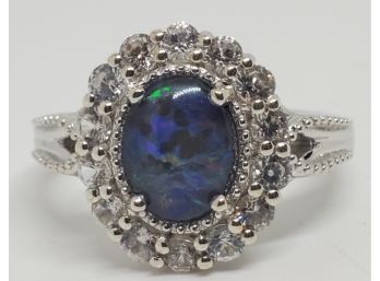 Australian Boulder Opal & Zircon Ring In Platinum Over Sterling