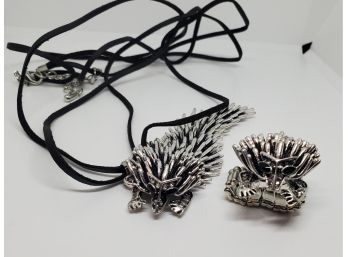 White Austrian Crystal Hedgehog Pendant Necklace & Stretch Ring