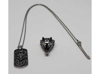 Stainless Steel Carved Wolf's Head Men's Ring And Pendant Necklace