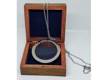 Hand Crafted Magnifying Glass Pendant Necklace In Silver Tone With Wooden Keepsake Box