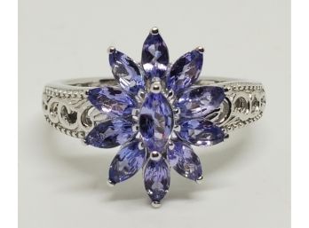 Insane Tanzanite Floral Ring In Platinum Over Sterling