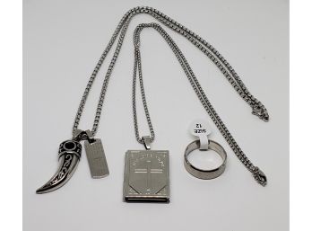 2 Religious Pendant Necklaces And 1 Ring