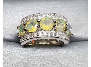 Beautiful Ethiopian Opal, White Zircon Ring In Sterling Silver