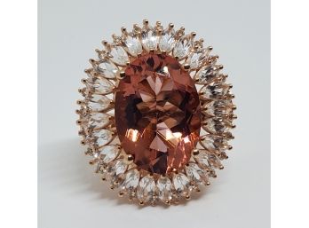 Salmon Sorbet Quartz, White Topaz Ring In 14k Rose Gold Over Sterling