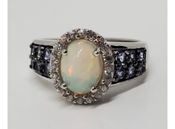 Incredible Ethiopian Opal, Tanzanite Ring In Platinum Over Sterling