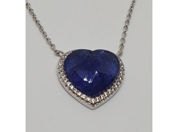 Phenomenal Blue Tanzanite Sterling, Rhodium Plated With Zircons Heart Pendant Necklace