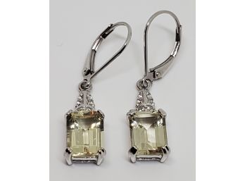 Gorgeous Emerald Cut Yellow Labradorite & White Zircon Sterling Dangle Earrings