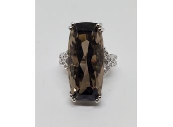 Huge Smoky Quartz Ring With Zircons, Rhodium Over Sterling Silver