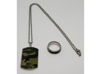 Black Austrian Crystal Camo Ring & Dog Tag Pendant Necklace In Stainless