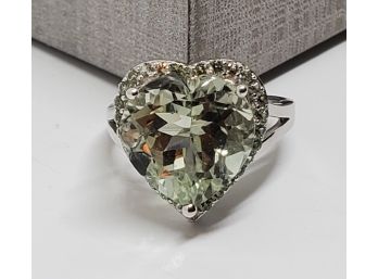 Stunning Heart Shaped Prasiolite & Green Sapphire Rhodium Over Sterling Ring