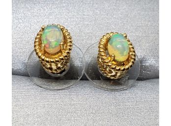 Ethiopian Opal Stud Earrings In Yellow Gold Over Sterling