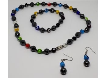 Magnetic Necklace, Bracelet And Earrings With The Good Luck Evil Eye