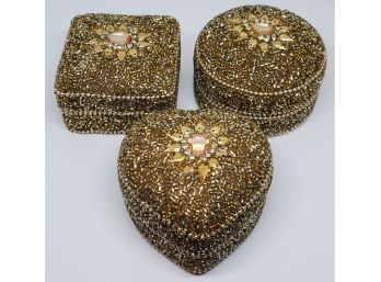 3 Gold Beaded Handcrafted Trinket Boxes