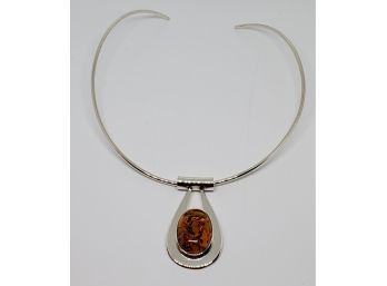 Amber Oval Pendant In Sterling With 17' Tube Collar In Sterling