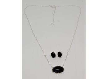 Nice Black Onyx Matching Necklace & Earrings Set In Sterling