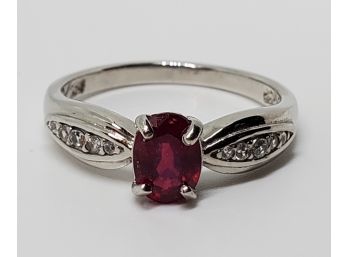 Ruby & White Zircon Ring In Platinum Over Sterling