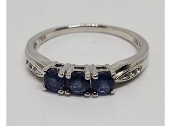 Kancchanaburi Blue Sapphire, White Zircon Rhodium Over Sterling Ring