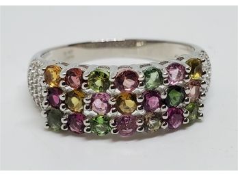 Multicolored Tourmaline, White Zircon Rhodium Over Sterling Ring