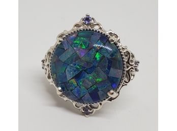 Stunning Mosaic Opal, Iolite Ring In Platinum Over Sterling