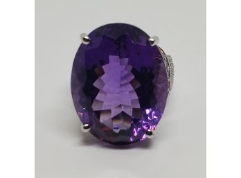 Stunning 30 Karat Oval African Amethyst With White Zircon & Rhodium Over Sterling Ring