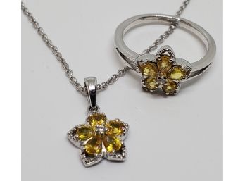 Yellow Sapphire, Zircon Ring & Pendant Necklace In Platinum Over Sterling