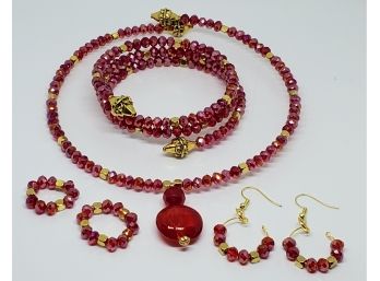 Gold & Red Crystal Necklace, Bracelet, Earrings, & 2 Stretch Rings