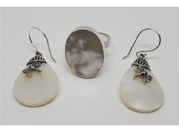 Mother Of Pearl Dragonfly Earrings & Ring Set In Sterling