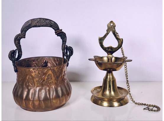 Brass Oil Lamp From India & Copper Bucket