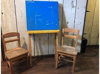 Two Vintage School Chairs & Creative Plaything Blackboard