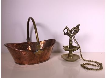 Brass Indian Oil Lamp & Copper Basket