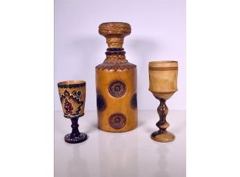 Leather Covered Decanter & Two Decorative Wooden Goblets