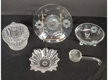 Crystal & Glass - Etched Glass, Glass Ladle, Crystal Candy Dish & Waterford Marquis Small Bowl