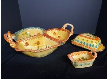 Three Pieces Of Italian Handmade & Painted Pottery Serving Ware - Ita Lica Ars And More