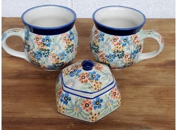 Unikat Boleslawiec L. Lenkiewicz Poland Hand Made Cobalt Blue & Green Pottery Mugs & Lidded Sugar Bowl