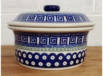 Unikat Boleslawiec Poland Pottery Hand Painted Cobalt Blue & Green Lidded Casserole Dish