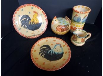 Cute Grouping Of Italian Handmade & Painted Pottery -Ita Lica Ars Rooster & Chicken Themed