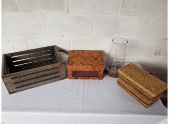 Country Box, Crate, Fabric And Wicker Box Lot With 2 Piece Glass & Wood  Based Candle Hurricane