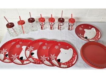 Adorable Polar Bear Christmas Lot With Glass Canning Jar With Straws - All New