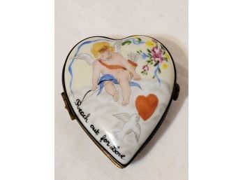 1998 Limoges France Peint Main 'Reach Out For Love' Cupid Heart Shaped Porcelain Miniature Trinket Box