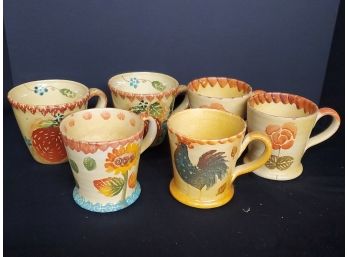 Six Hand Painted Italy Terracotta Pottery Handled Mugs