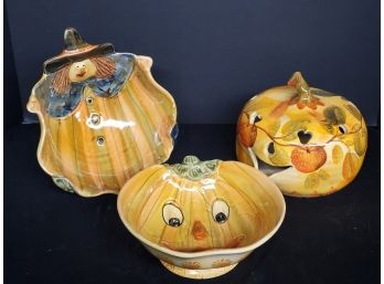 Three Pieces Of Halloween & Fall Themed Italian Handmade Pottery