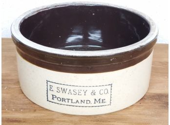 Antique E. Swasey & Co Portland ME Tan & Brown Stoneware Crock Bowl